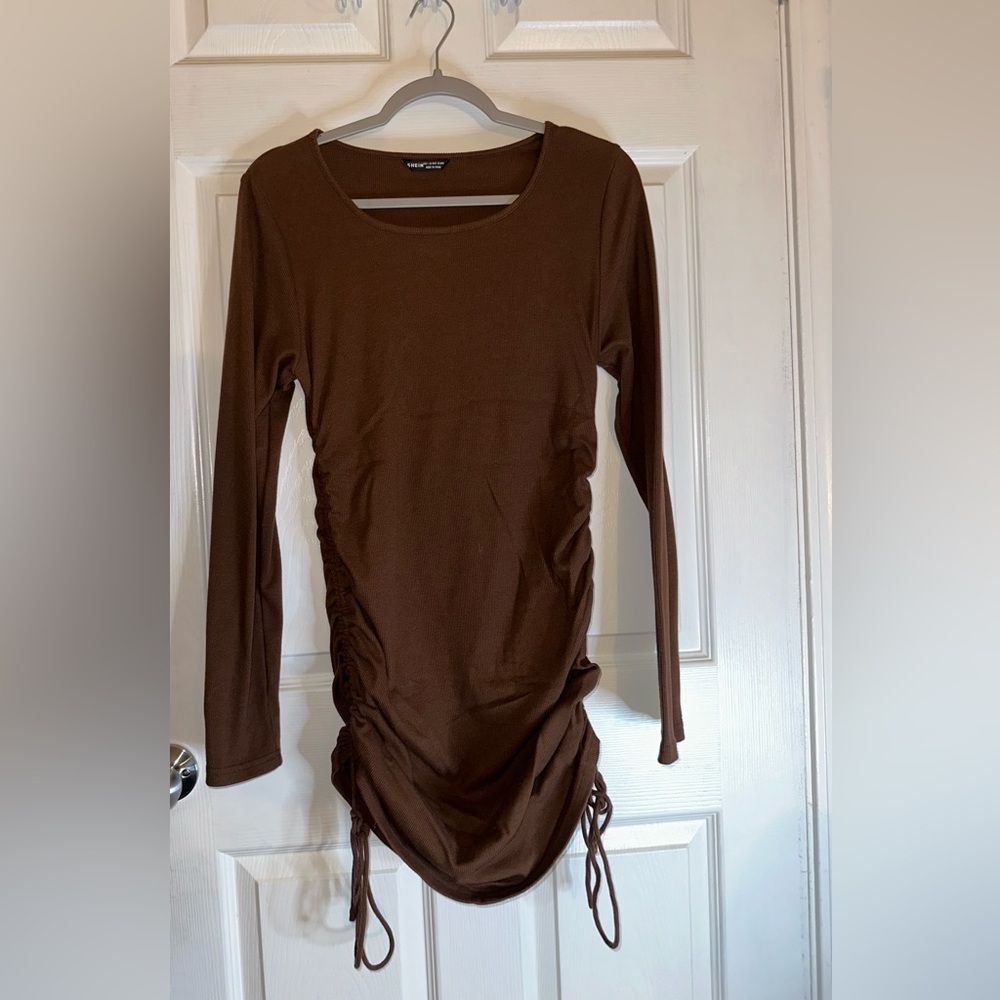 Mini ruched chocolate brown ribbed dress